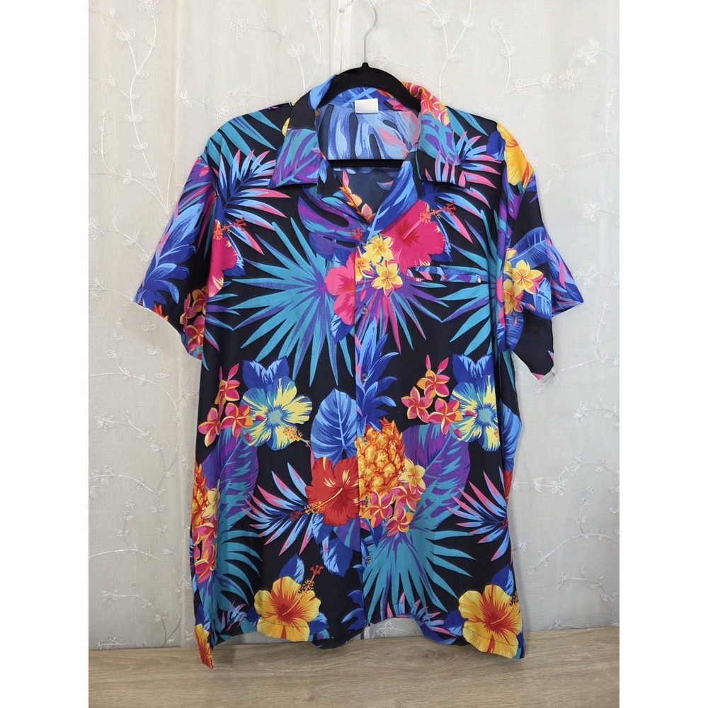 King‎ Kameha Hawaiin Men's Black Shirt Tropical Colors Flowers Vibes XL